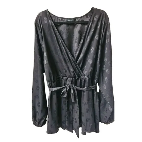 TORRID Plus Size Black Skull Jacquard Surplice Top - Picture 2 of 16